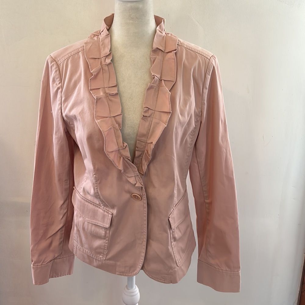 Talbots pale pink ruffle collar long sleeve cotton short jacket Size 10 - Picture 2 of 8